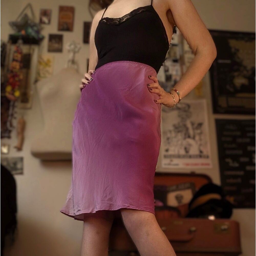 Ombre Silk Satin Slip Midi Skirt Women's Small Purple Pink